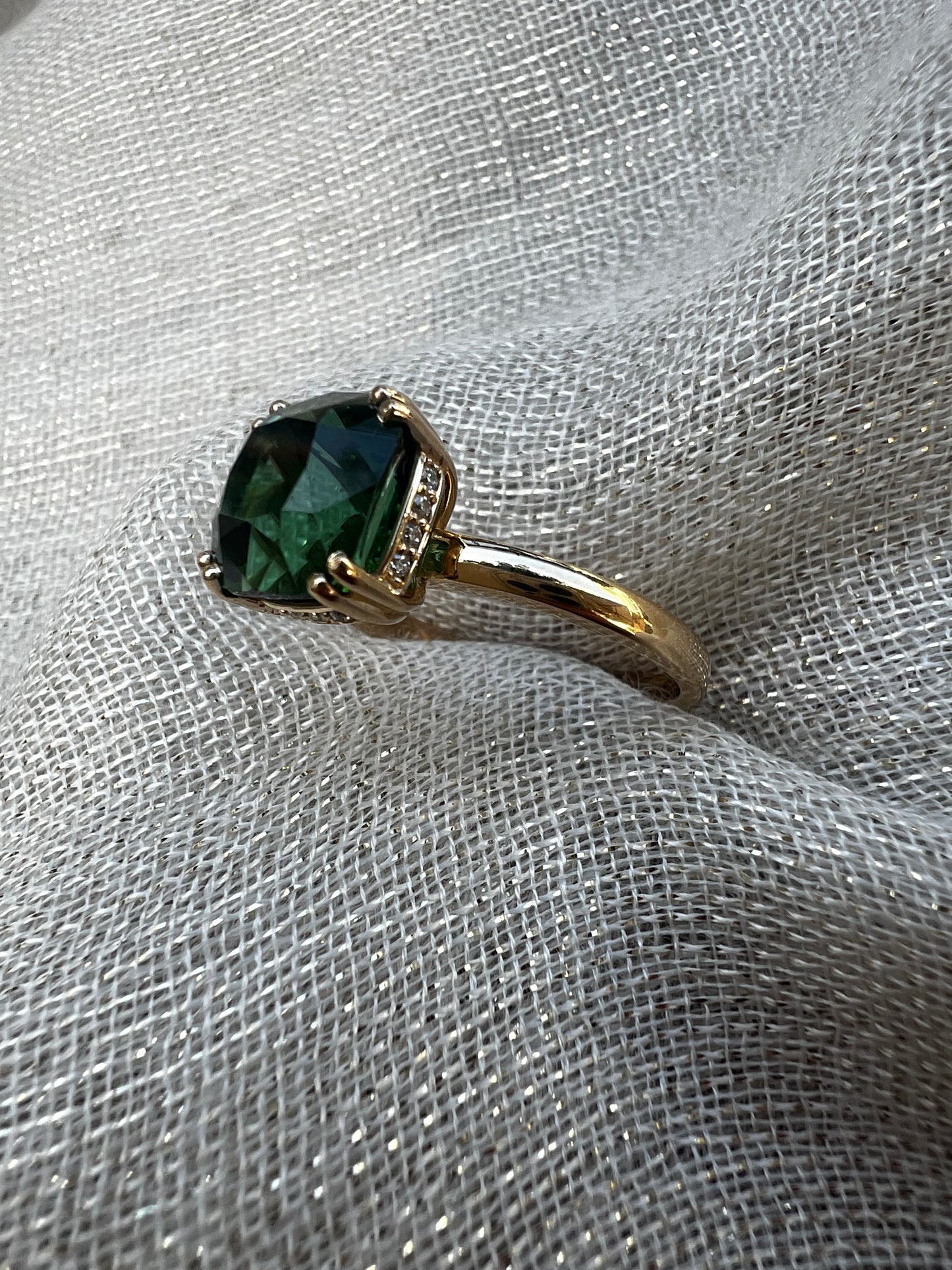 Green Tourmaline Cushion cut ring.