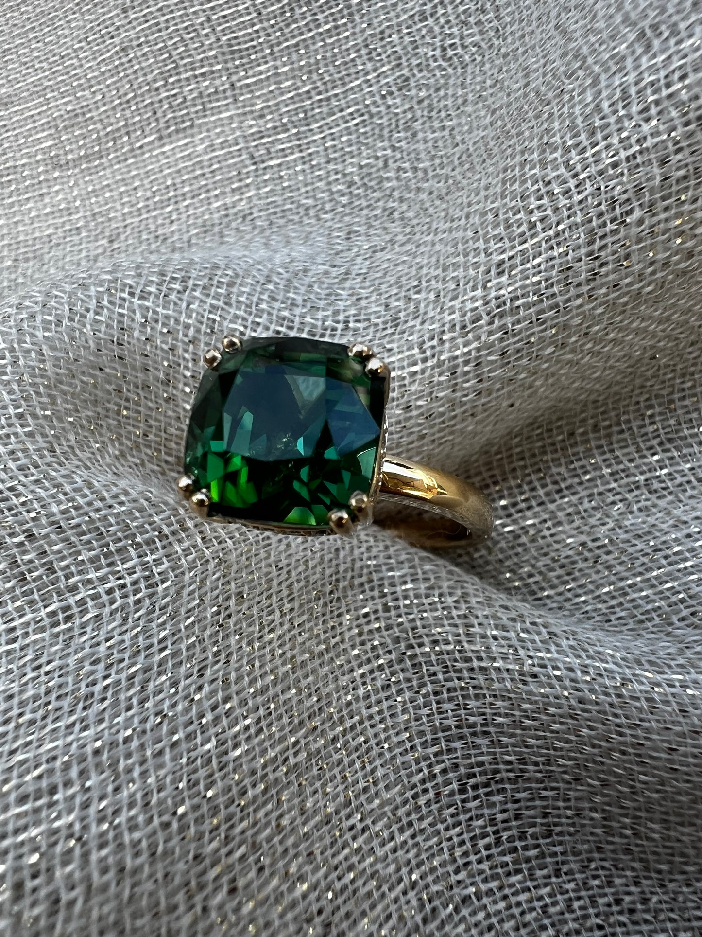 Green Tourmaline Cushion cut ring.